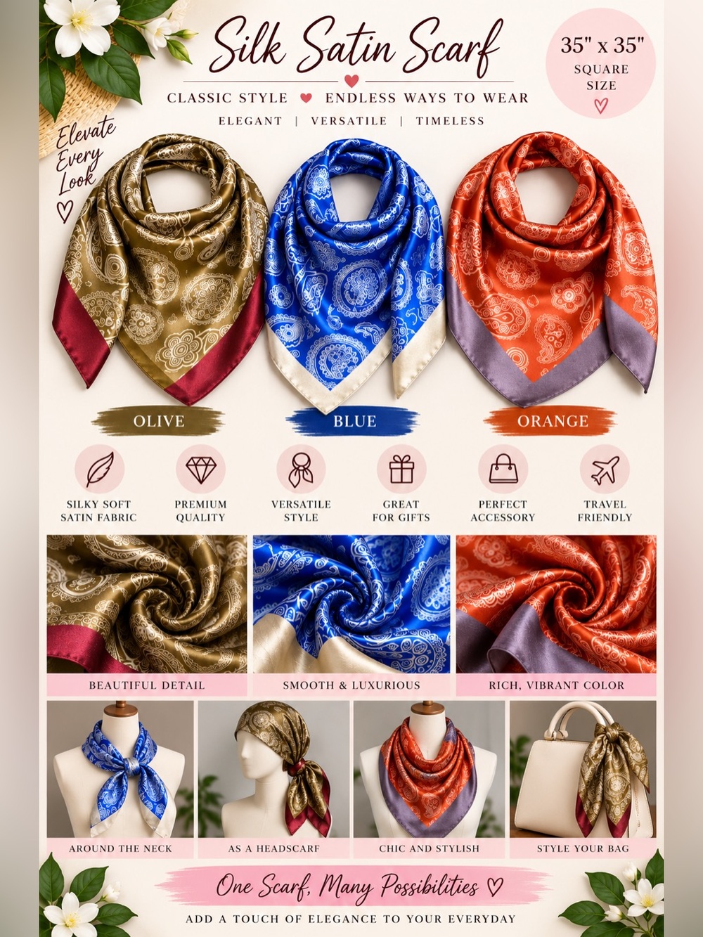 Silk Satin Bandana Scarf - Blue Olive Orange